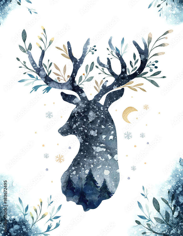 Obraz premium Watercolor closeup portrait of blue deer. Isolated on white background. Hand drawn christmas indigo illustration. Greeting card animal winter design decoration