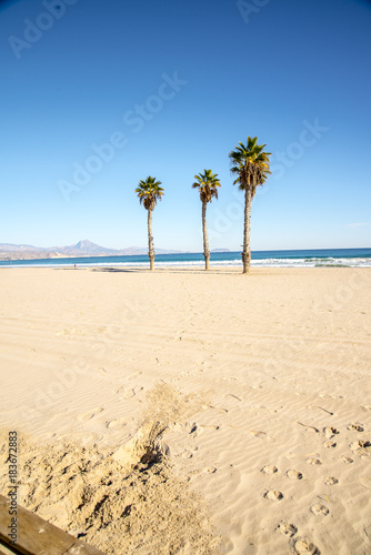 View of San Juan beach in Alicante, Spain a sunny and calm winter morning without clouds and with temperate temperature.