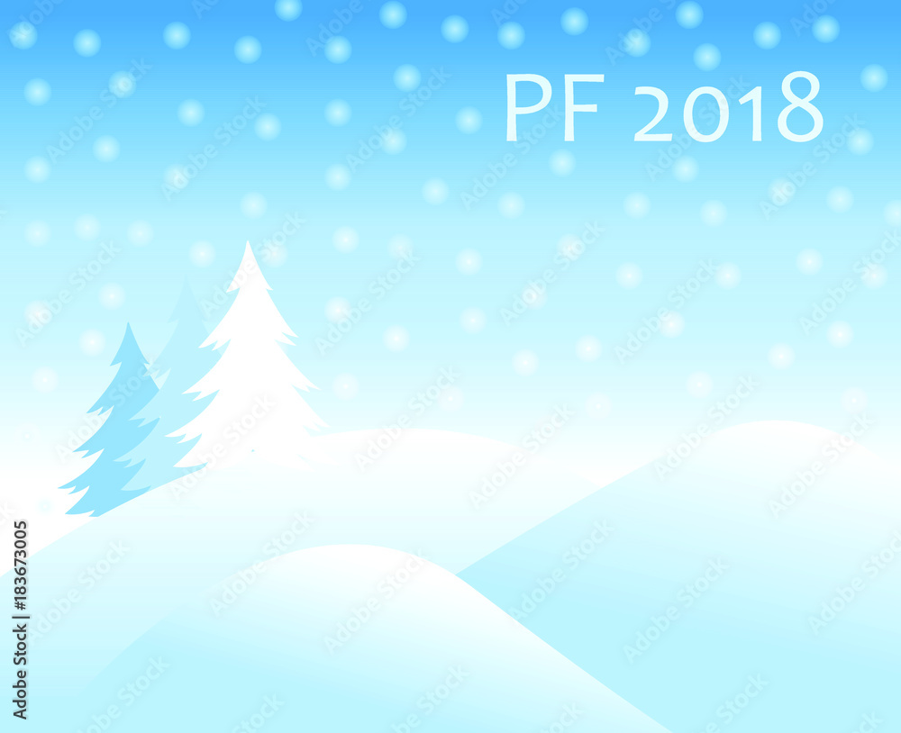 christmas winter landscape with snow covered hills and spruce tree with falling snow balls and text sign PF 2018 new year vector greeting card