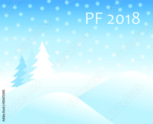 christmas winter landscape with snow covered hills and spruce tree with falling snow balls and text sign PF 2018 new year vector greeting card