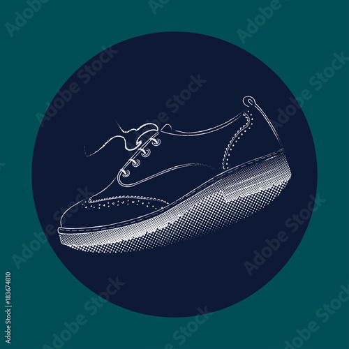 Men's women's oxford shoe icon. Vector white outline in retro style shoes. Halftone Fashion Shoe design. Hand drawn, sketch. AI10