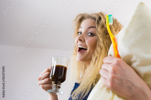 Funny woman being late drinking coffee