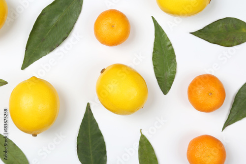 tangerines and lemons with leaves on a white background.