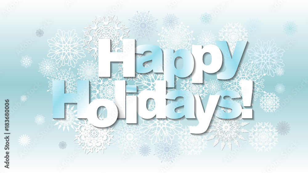 Happy holidays postcard template. Modern New Year lettering with snowflakes and branches on blue background. Christmas card concept.