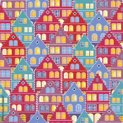 Full color seamless pattern with the image of the houses of the old town. Vector background. © olga_a_belova