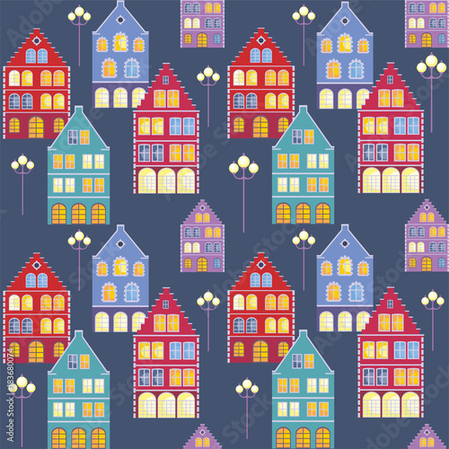Full color seamless pattern with the image of the houses of the old town. Vector background.