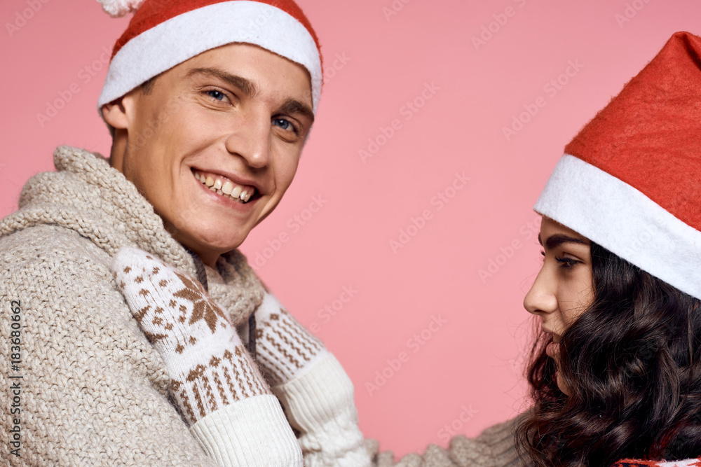 couple, light pink background, new year, christmas, holiday couple, light pink background, new year, christmas, holiday