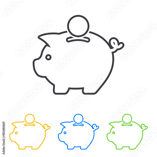 Icono plano linea hucha cerdito con moneda en varios colores