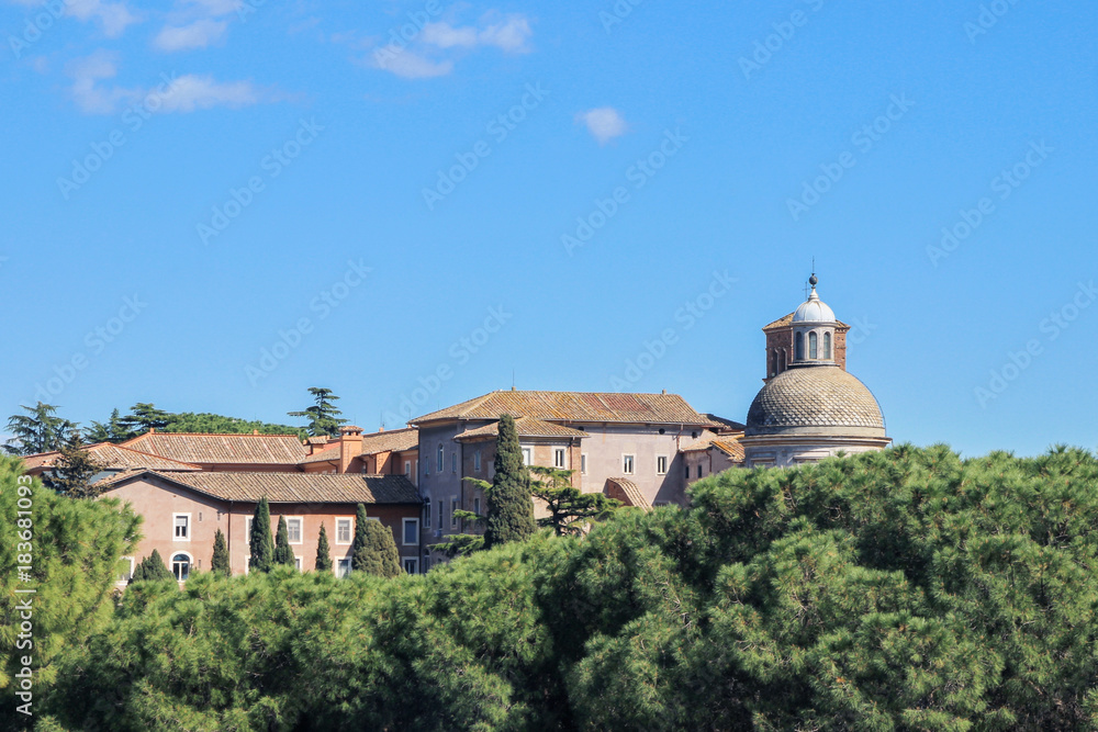 cityscape of old buildings with green trees in Rome 