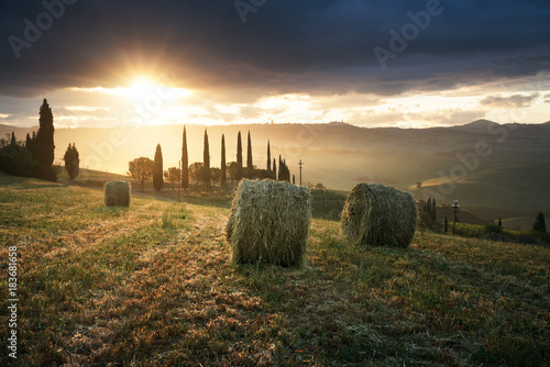 Rural landscape with rolls of hay  Tuscany  Italy