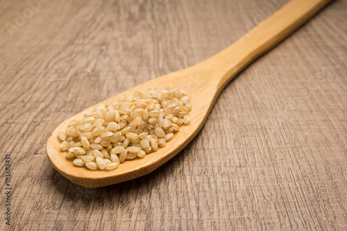 Whole Short Grain Rice Seed. Spoon and grains over wooden table.