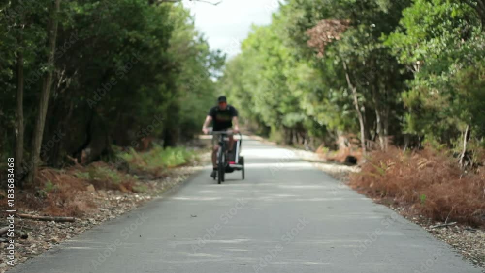 Man riding bicycle with his child in a bicycle trailer in the forest Man riding bicycle with his child in a bicycle trailer in the forest