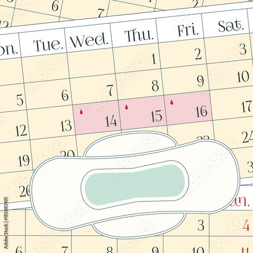 Menstruation period pain protection. Feminine hygiene, monthlies rainy days. A calendar with the menstrual days marks and menstrual pad. Vector illustration of blood period calendar with blood drops