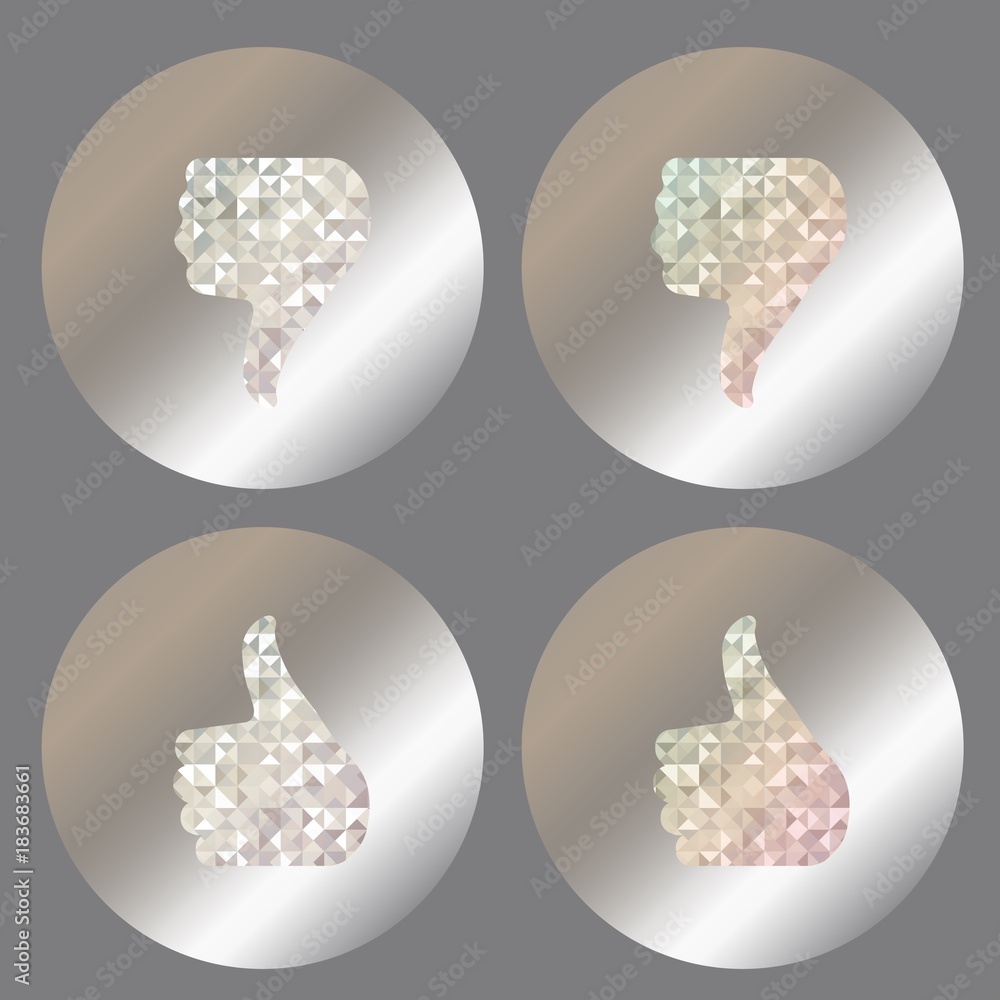 Set labels with iridescent and diamond holograms on metallic foil. Like and dislike icon with holographic effect. Vector illustration. Set labels with iridescent and diamond holograms on metallic foil. Like and dislike icon with holographic effect. Vector illustration.