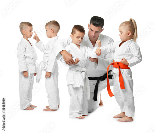 Little children with instructor practicing karate on white background