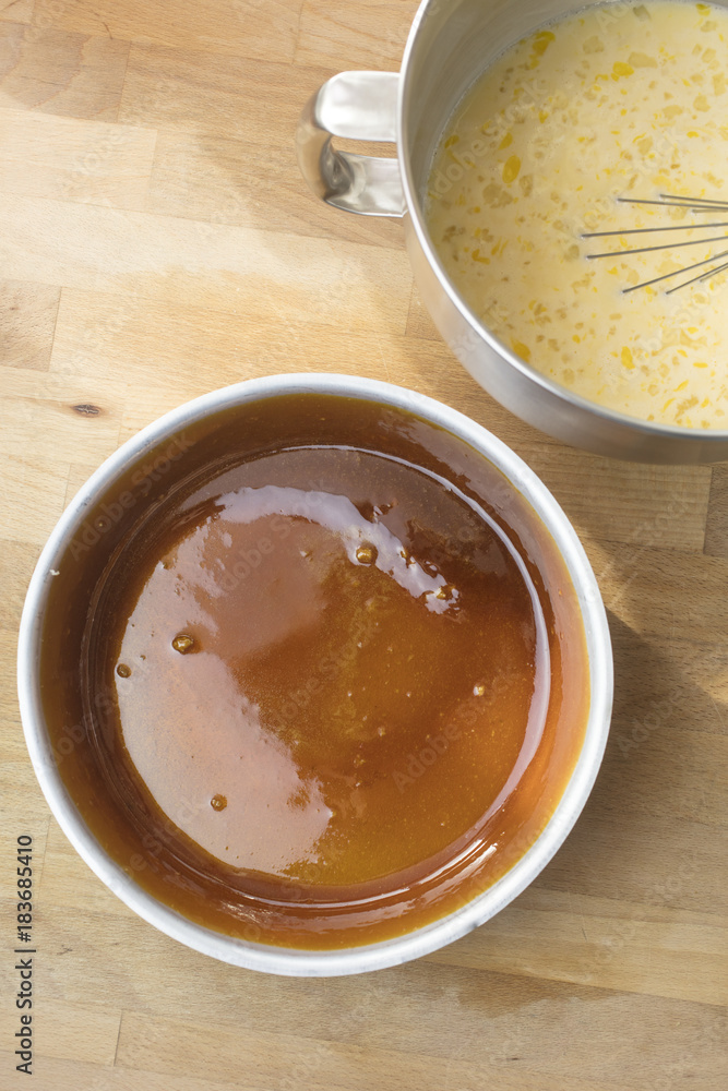 Process of making an egg flan dessert for baking Process of making an egg flan dessert for baking