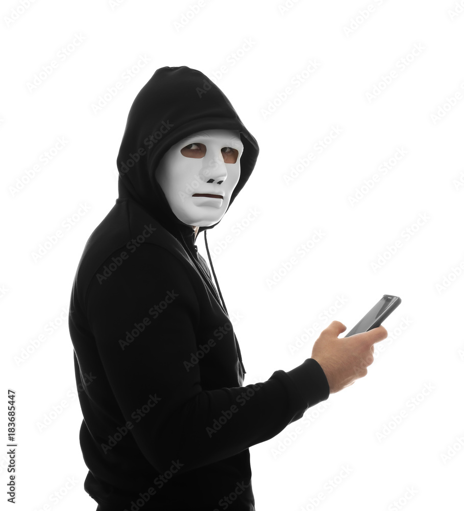 Hacker with phone on white background Hacker with phone on white background