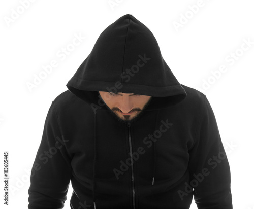 Hacker in hood on white background