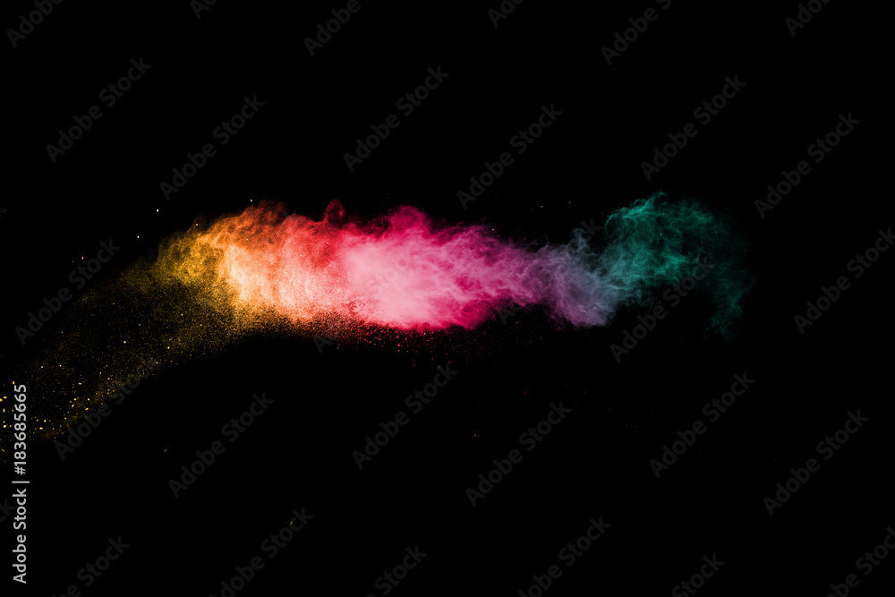 Multicolored powder splash cloud isolated on black background
