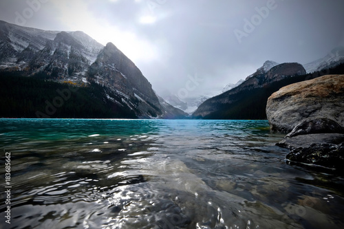 Lake Louise scenic view in autumn. Summer season on Lake Louise in Canadian Rocky Mountains. Banff National Park. Alberta. Canada.