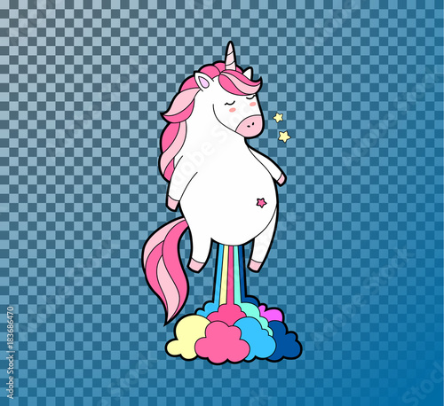 Cute fat unicorn farting rainbow. Unicorn isolated vector icon.