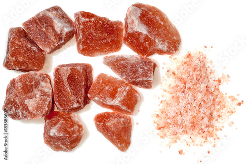 Health food mineral supplement. Himilayan rose pink rock salt blocks and coarse ground.