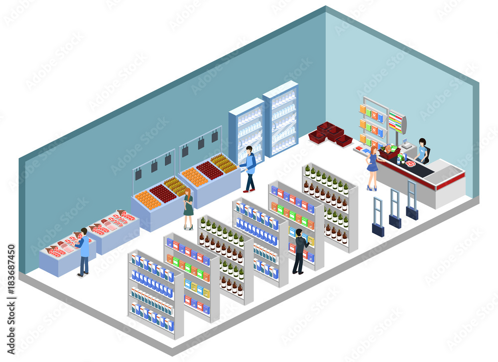 Isometric 3D vector illustration concept of a grocery store with buyers and cashier Isometric 3D vector illustration concept of a grocery store with buyers and cashier