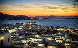 Mykonos island aerial panoramic view at sunse. Mykonos is an island, part of the Cyclades in Greece