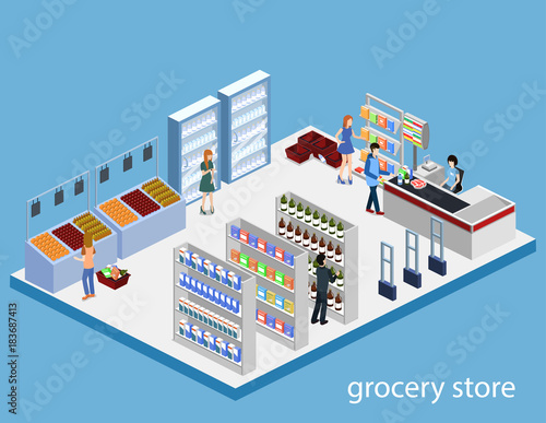 Isometric 3D vector illustration concept of a grocery store with buyers and cashier