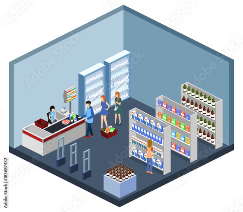 Isometric 3D vector illustration concept of a grocery store with buyers and cashier