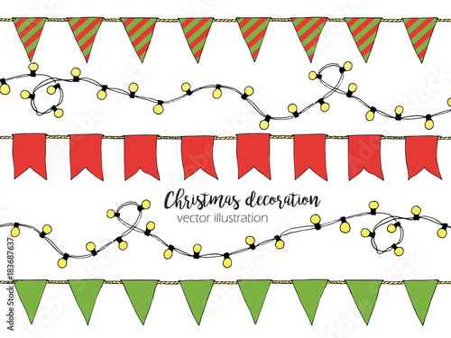 Colorful Hand drawn doodle bunting banners, christmas lights for decoration. New year cartoon banner set, bunting flags, border sketch. Christmas Decorative elements. Vector illustration.