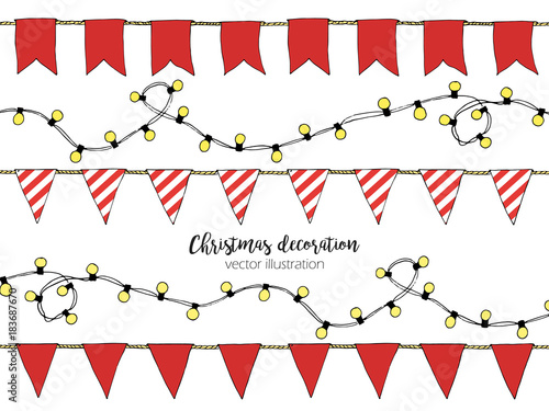 Colorful Hand drawn doodle bunting banners, christmas lights set. New year cartoon banner set, bunting flags, border sketch. Christmas Decorative elements. Vector illustration.
