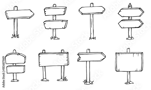 Doodle wood signs, hand drawn wooden direction arrows set. Sketch wooden arrow, illustration of frame wooden plank. vector for your web design.