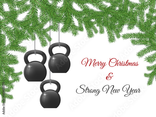 Christmas and New Year greeting card with kettlebells and pine branches