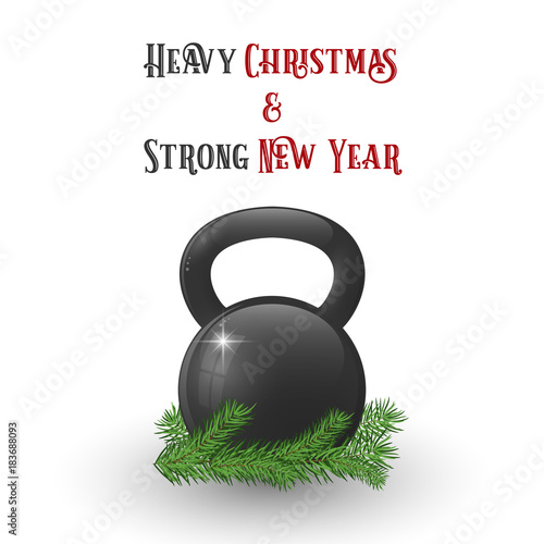 Fototapeta Naklejka Na Ścianę i Meble -  Christmas and New Year greeting card with kettlebell and pine branches