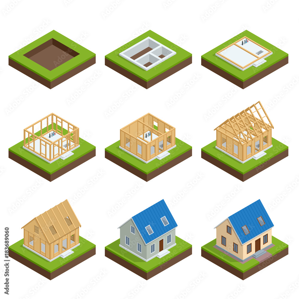 Isometric set stage-by-stage construction of a blockhouse. House ...