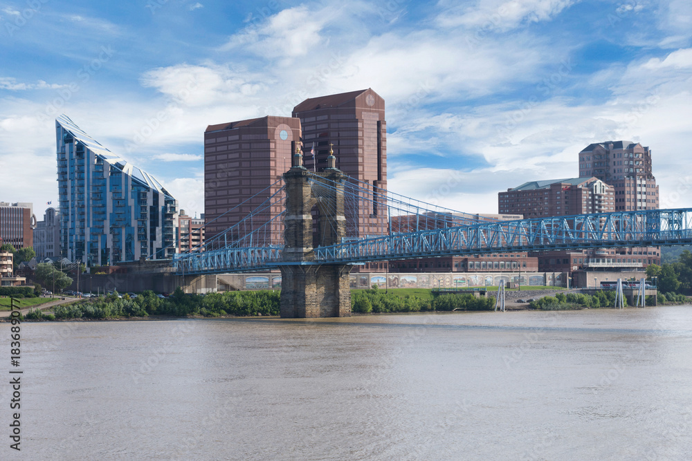 Smale Riverfront Park in Cincinnati, Ohio next to the John A Roebling Suspension Bridge