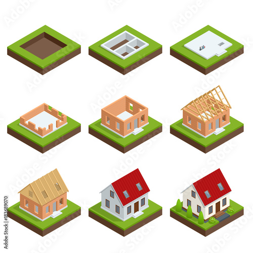 Isometric set stage-by-stage construction of a brick house. House building process. Foundation pouring, construction of walls, roof installation and landscape design vector illustration.