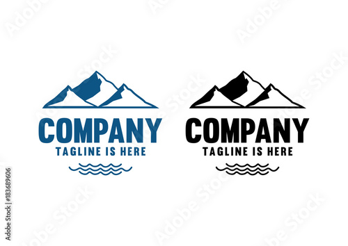Simple Black and Blue Hill Mountain and Wave on the Ocean Company Logo 