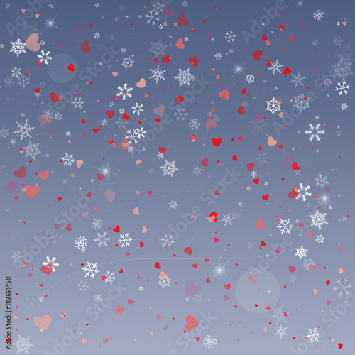Abstract red design. Winter background with snow, hearts and snowflakes. Perfect for greeting card, brochure or poster template.