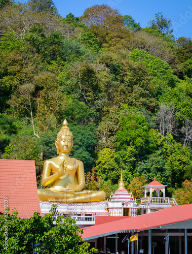 Big Buddha golden outside and the green forest on background photo