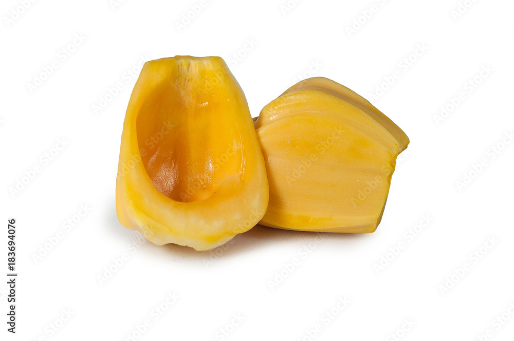 Fresh delicious two flesh of jackfruit isolated on clean white background Fresh delicious two flesh of jackfruit isolated on clean white background