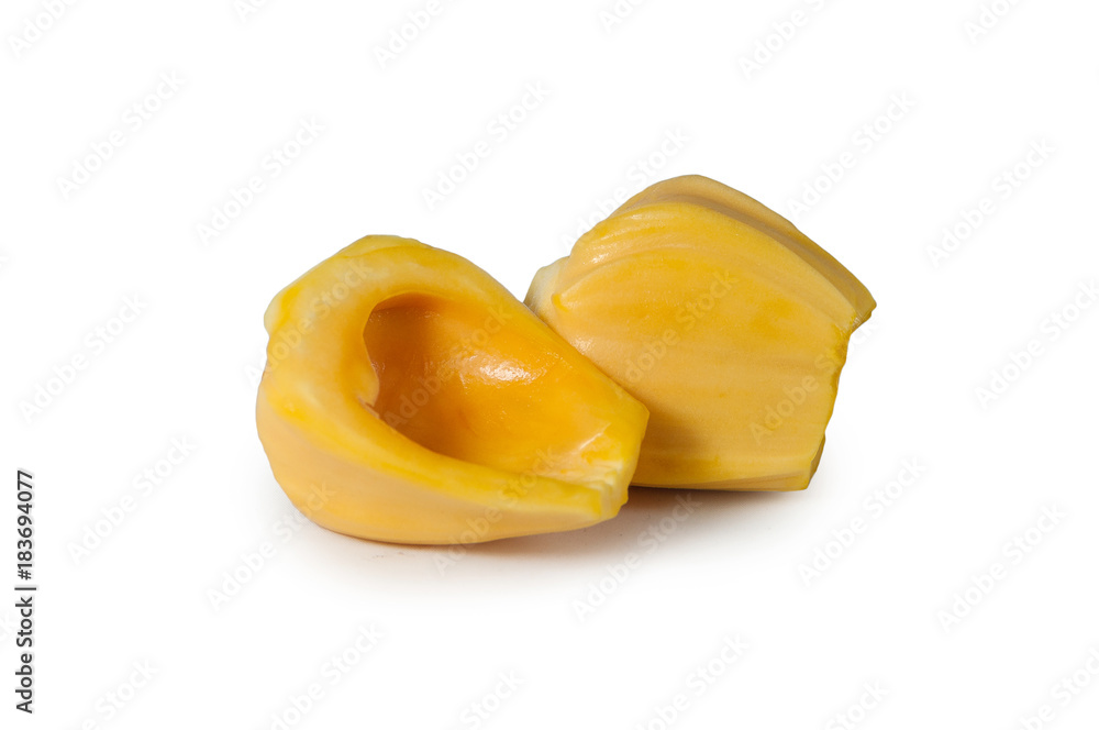 Fresh delicious two flesh of jackfruit isolated on clean white background Fresh delicious two flesh of jackfruit isolated on clean white background