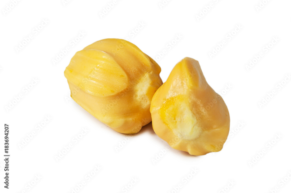 Fresh delicious two flesh of jackfruit isolated on clean white background Fresh delicious two flesh of jackfruit isolated on clean white background