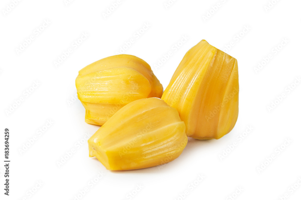 Fresh delicious three flesh of jackfruit isolated on clean white background Fresh delicious three flesh of jackfruit isolated on clean white background