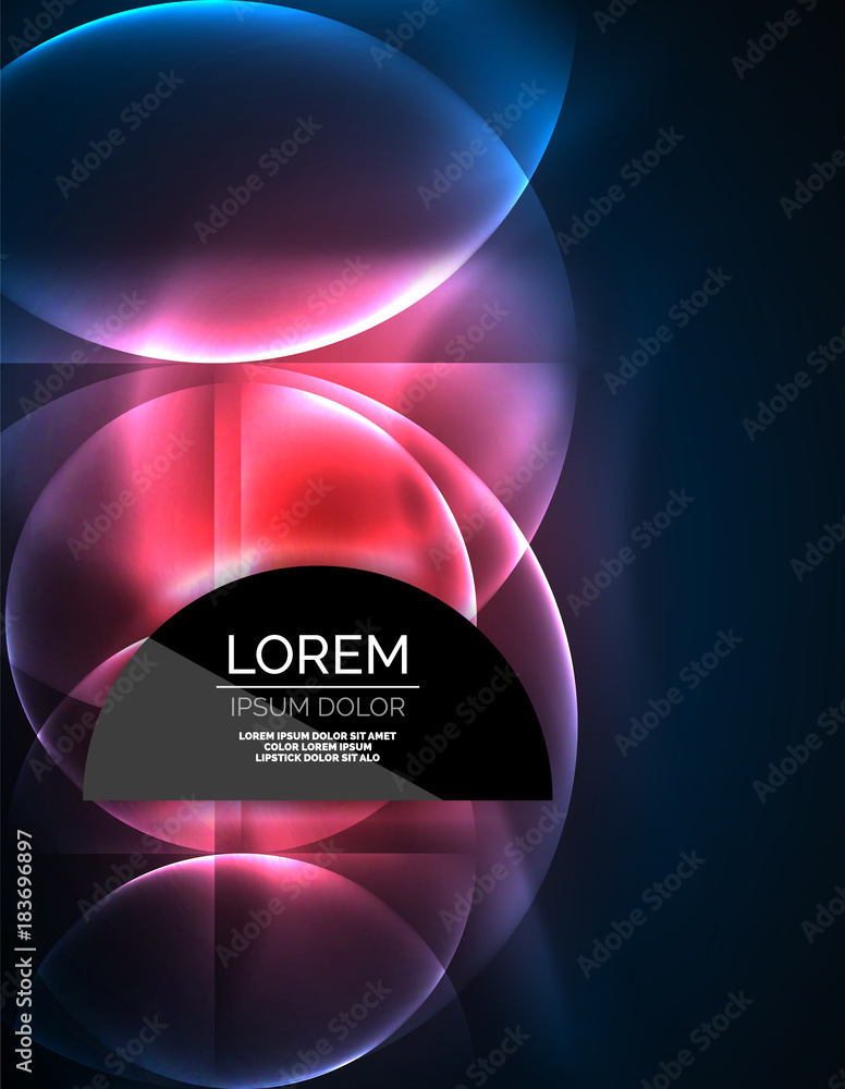 Neon glowing glass transparent circles, background Neon glowing glass transparent circles, background