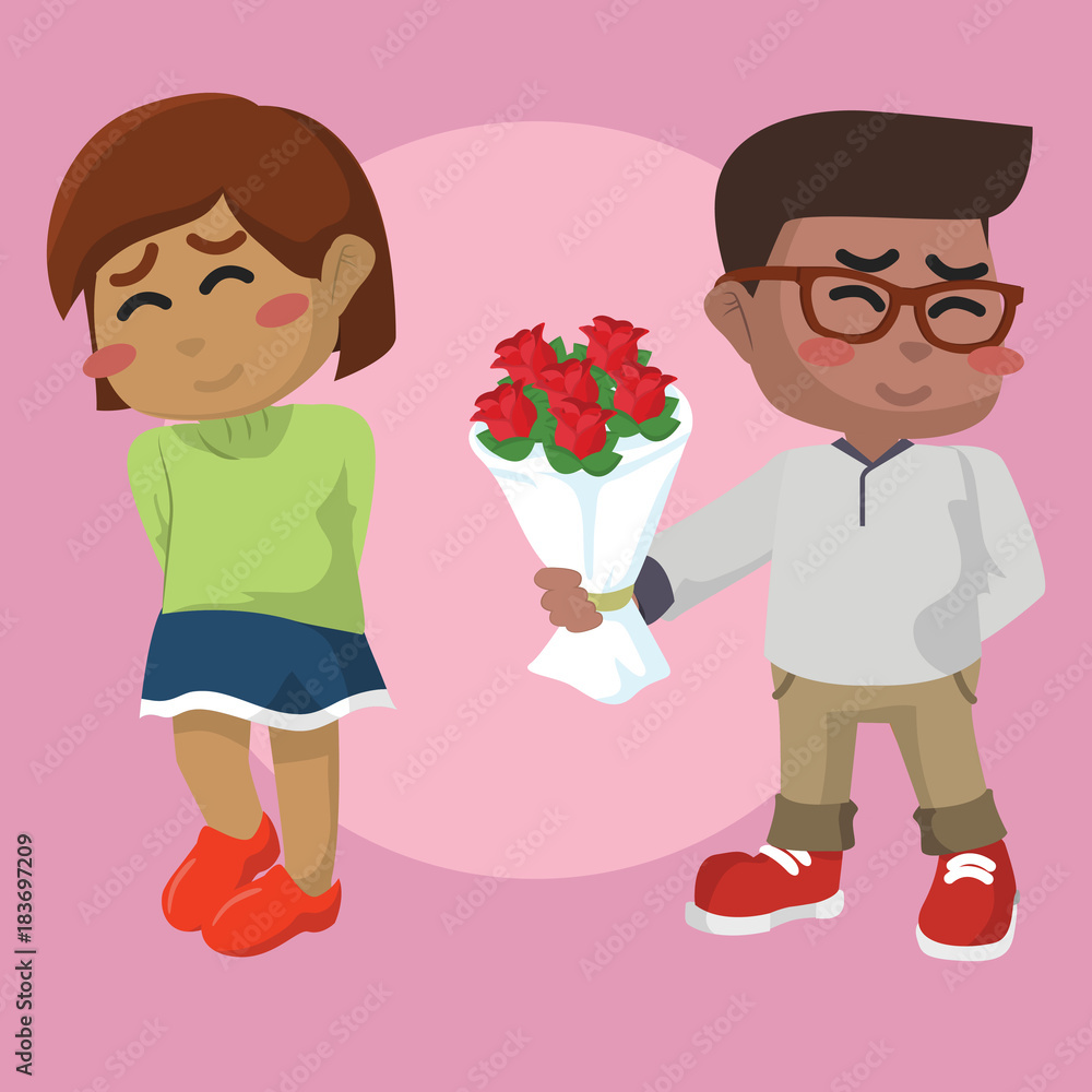 A boy giving flowers to his girlfriend