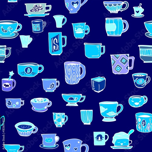 many various design cup of tea or coffee doodle drawing pattern seamless porcelain blue tone and blue color background vector
