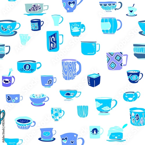 many various design cup of tea or coffee doodle drawing pattern seamless porcelain blue tone and white color background vector