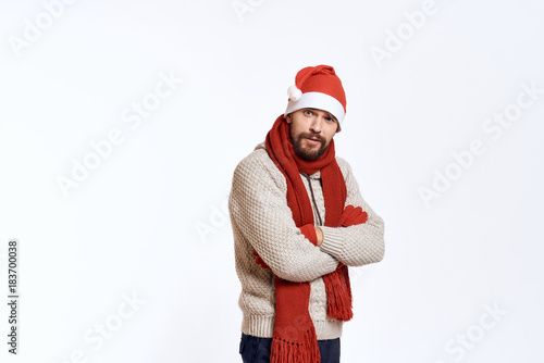 white background, man crossed his arms over his chest, emotions, free space for copy, new year